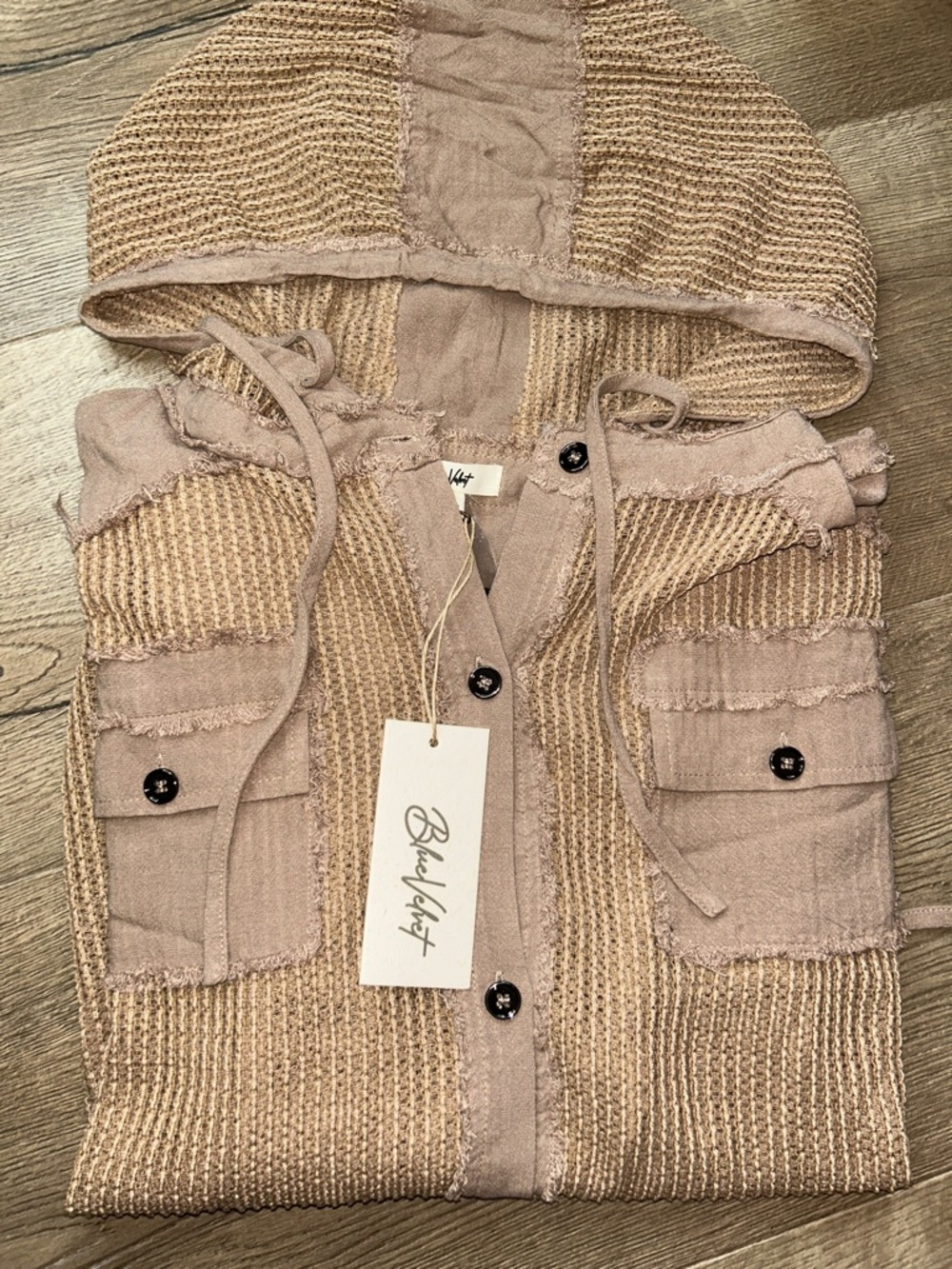 Camel Hooded Button-Down Knit Shirt Jacket with Cinch Tie Bottom by Blue Velvet
